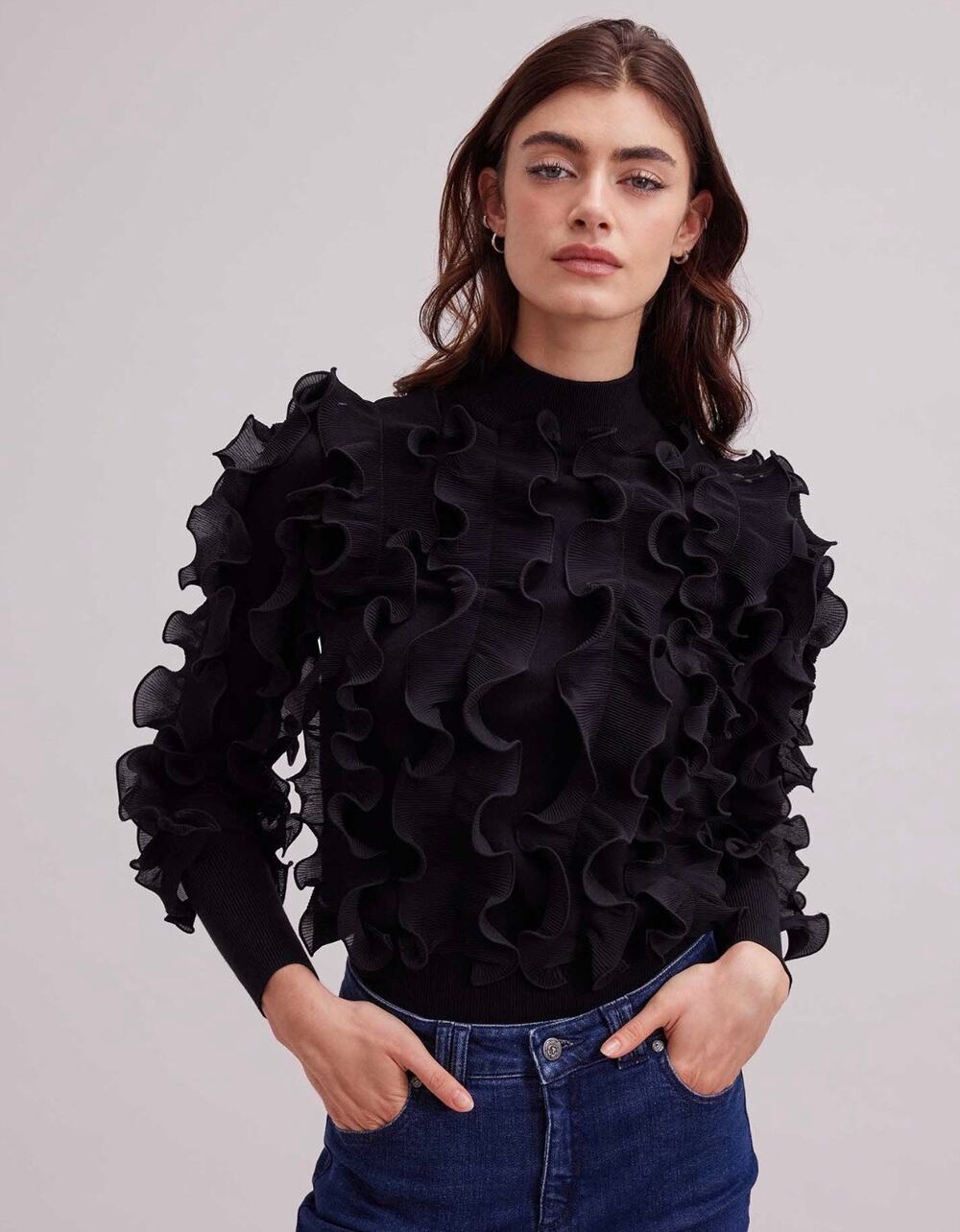 Anne Fontaine Sidaline Black Long Sleeve Mock Neck Sweater w/ Ruffles Sz.6-8